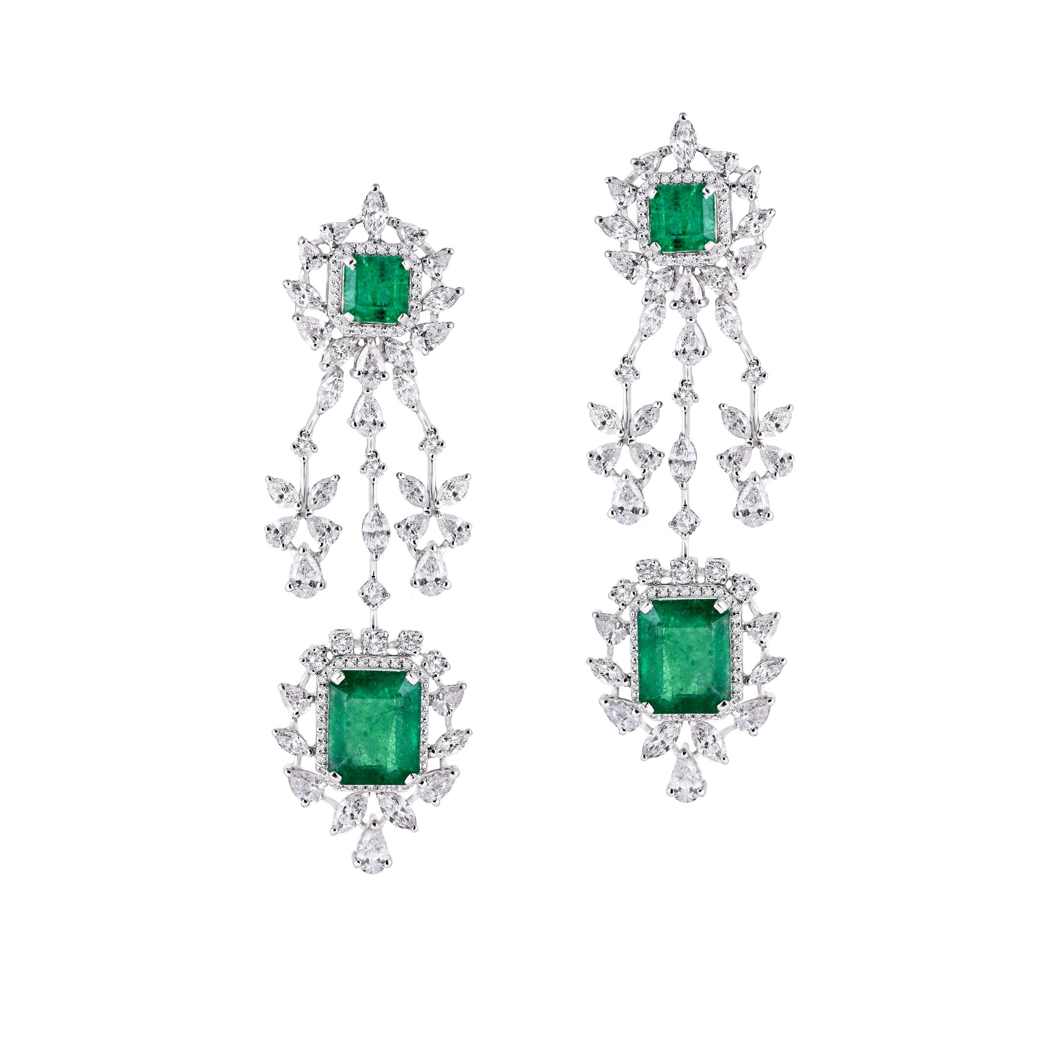 Mohar Waterfall Floral Diamond & Emerald Earrings