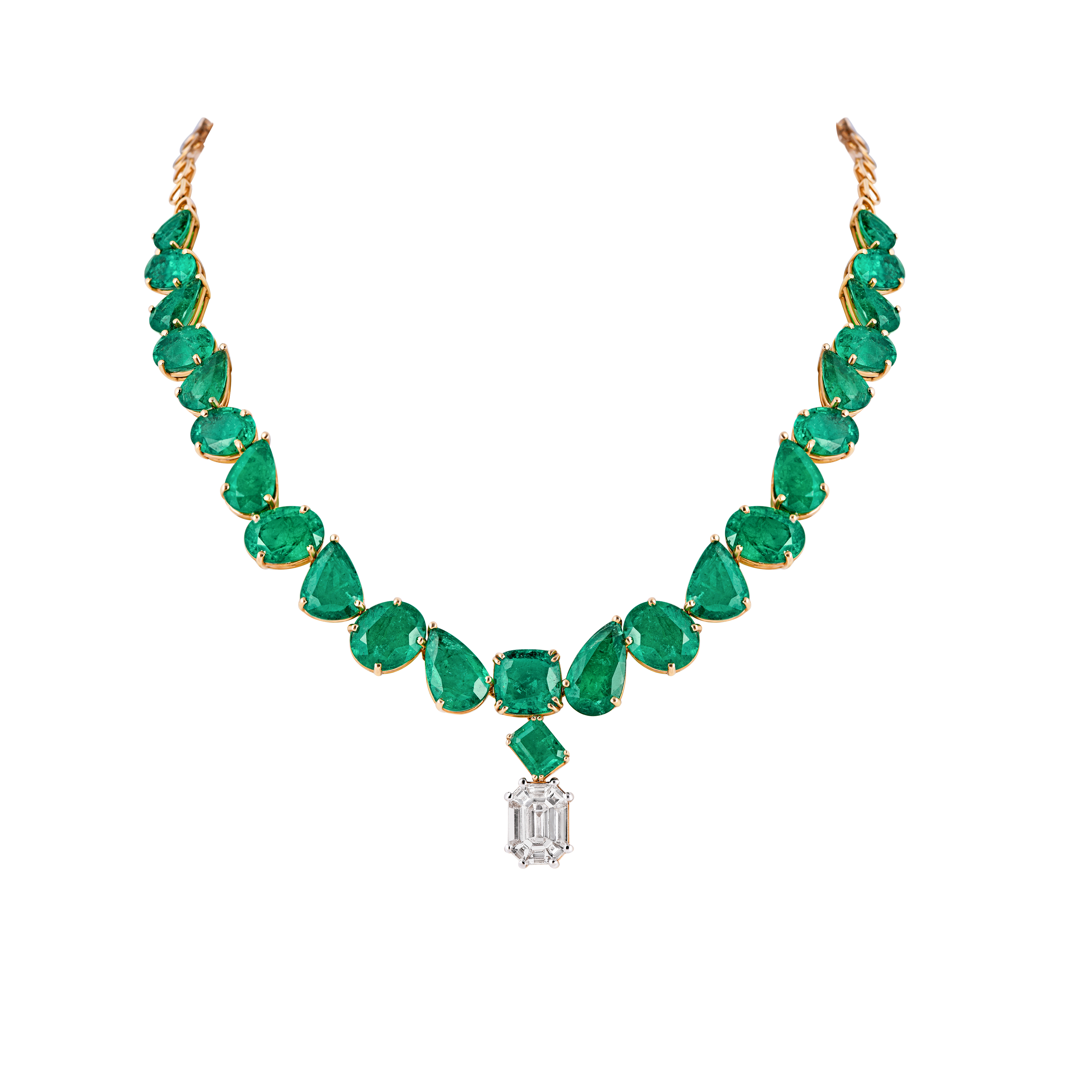 Mohar Irregular Emeralds & Diamond Drop Necklace