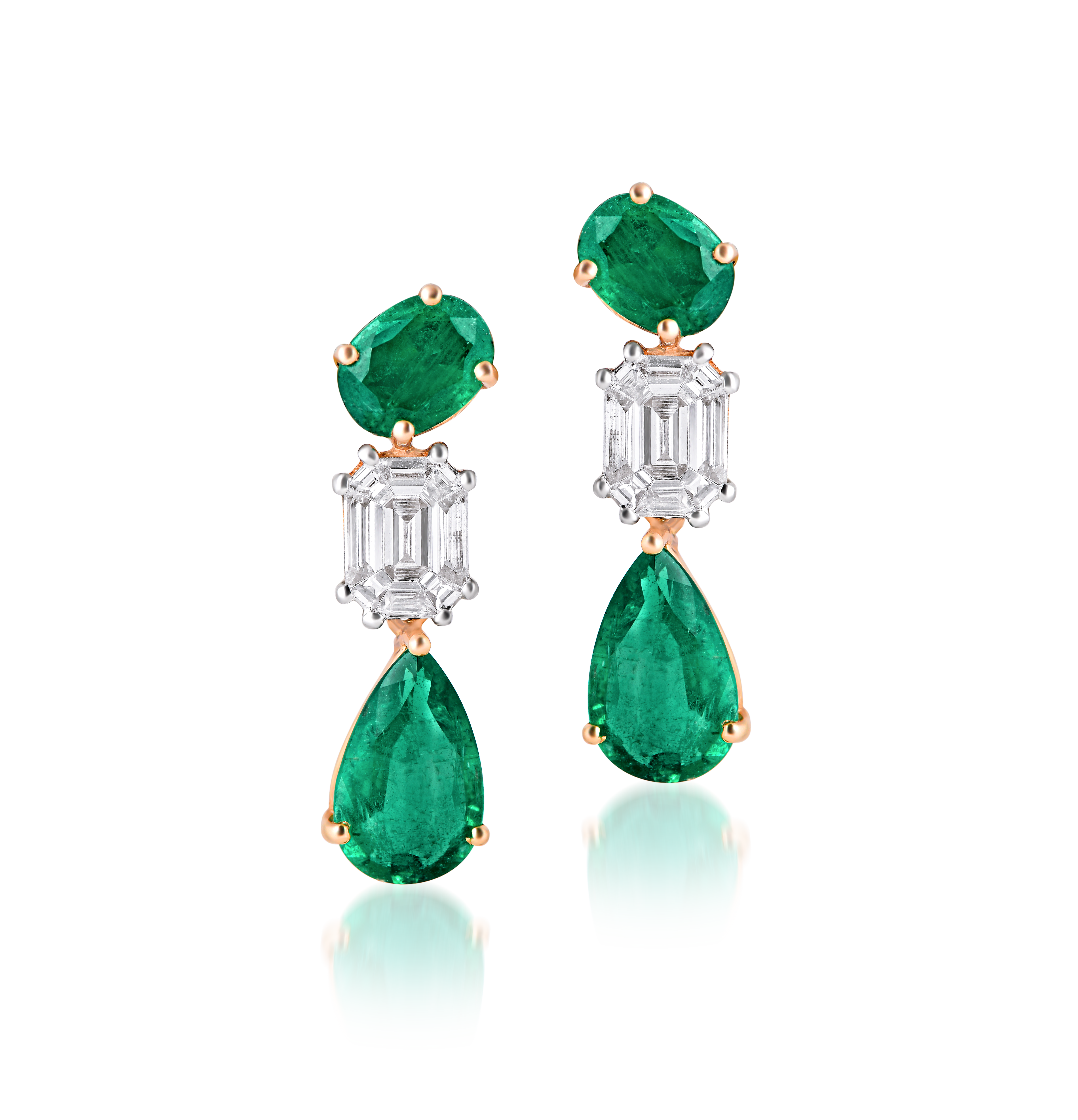 Mohar Tri-Stone Emerald & Diamond Drop Earrings