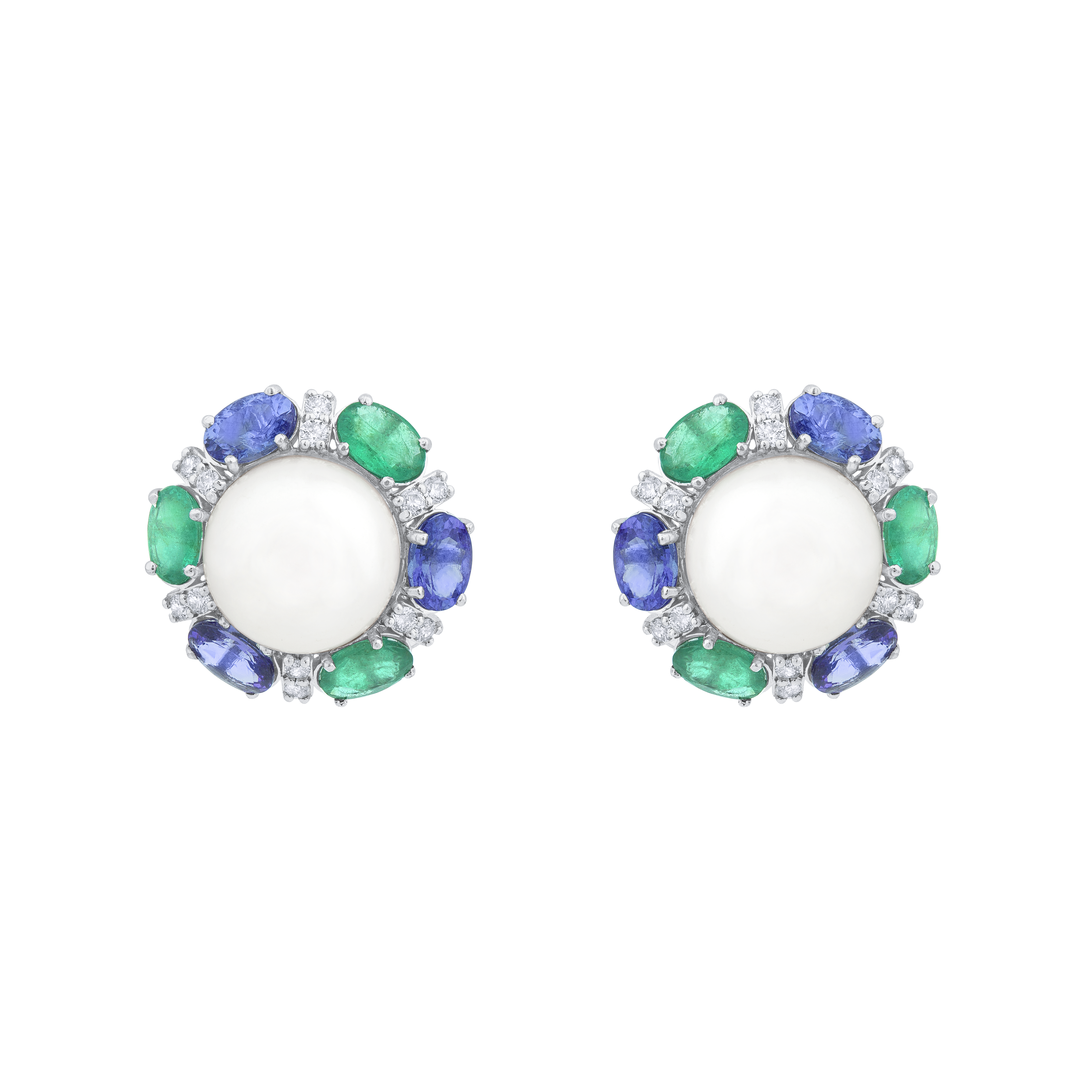 Emerald And Tanzanite Pearl Diamond Studs Earrings