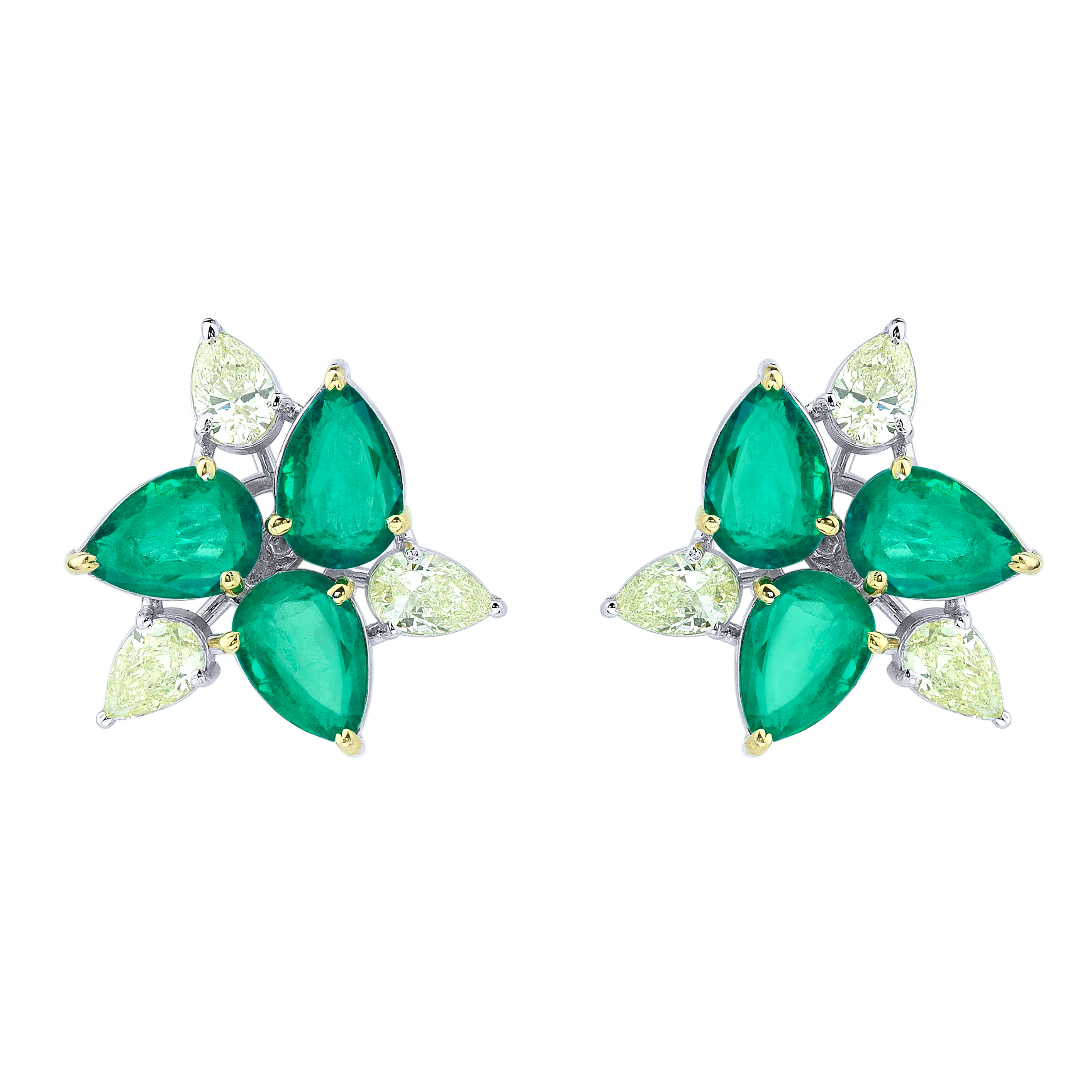 Emerald And Diamond Floral Motif Stud Earrings