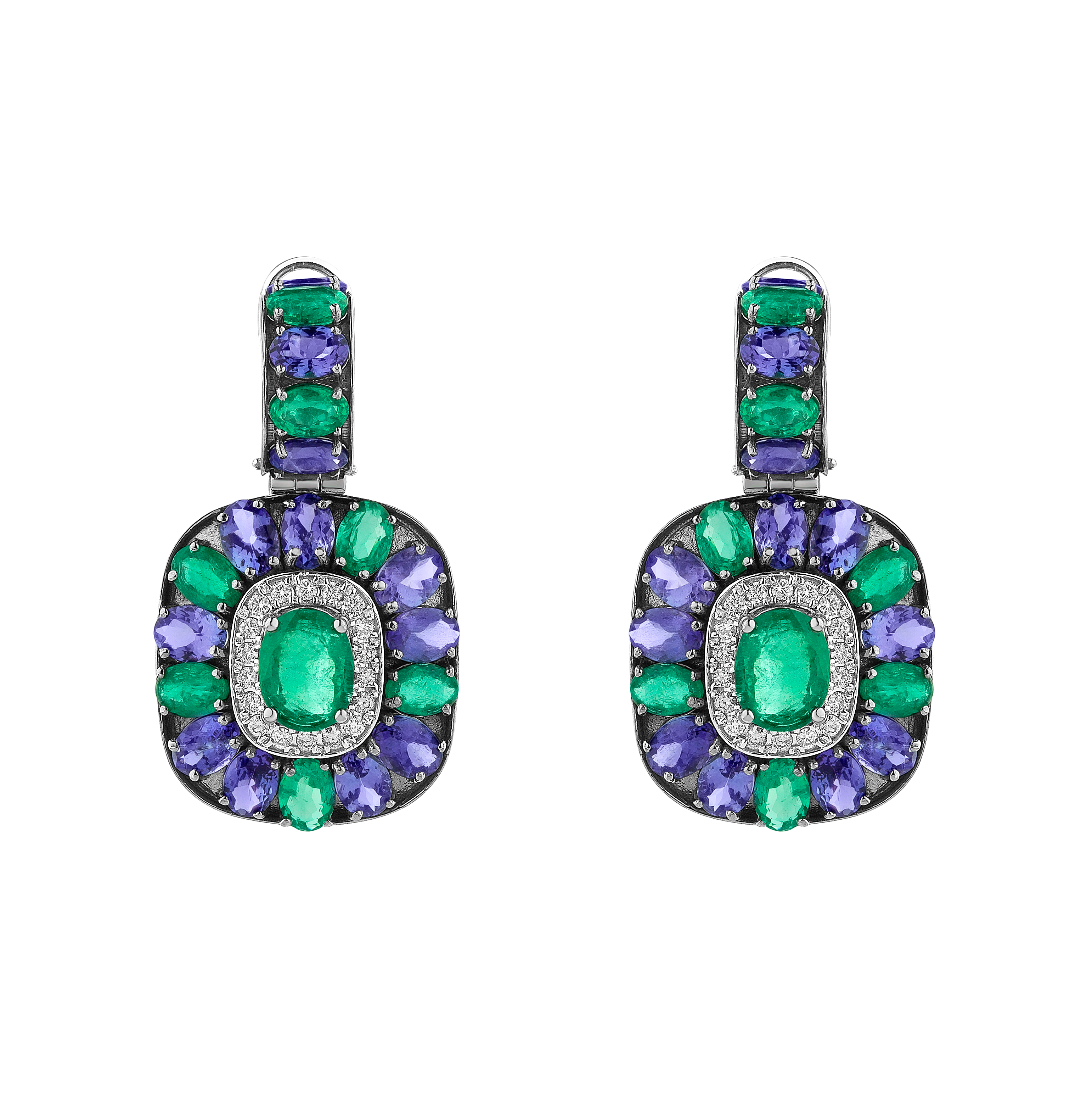 Tanzanite & Emerald Hoop With Black Rhod Earrings