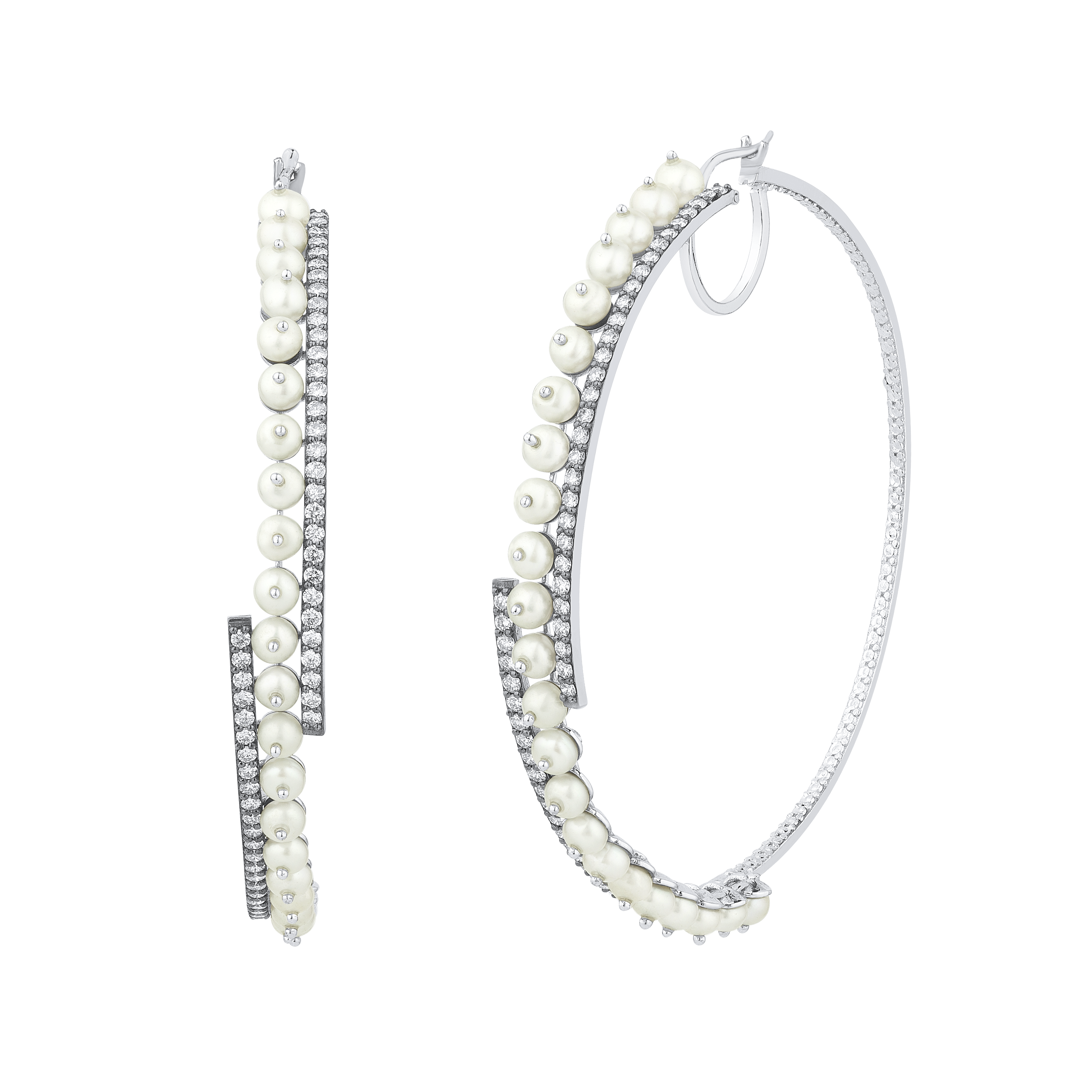 Pearl Round Diamond Hoops Earrings