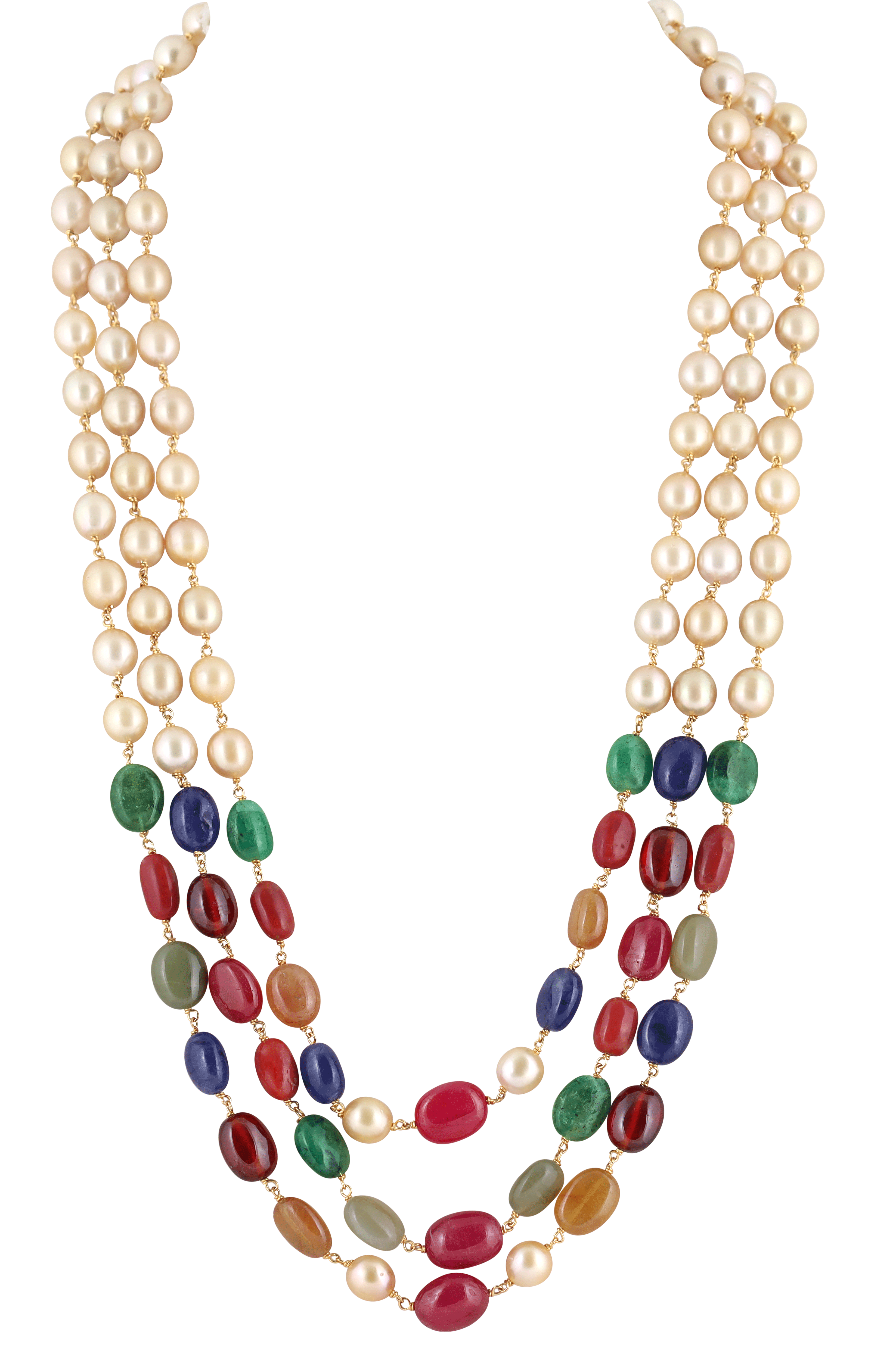 Mohar 3 Line Navratan Sousi Pearl Polki Necklace