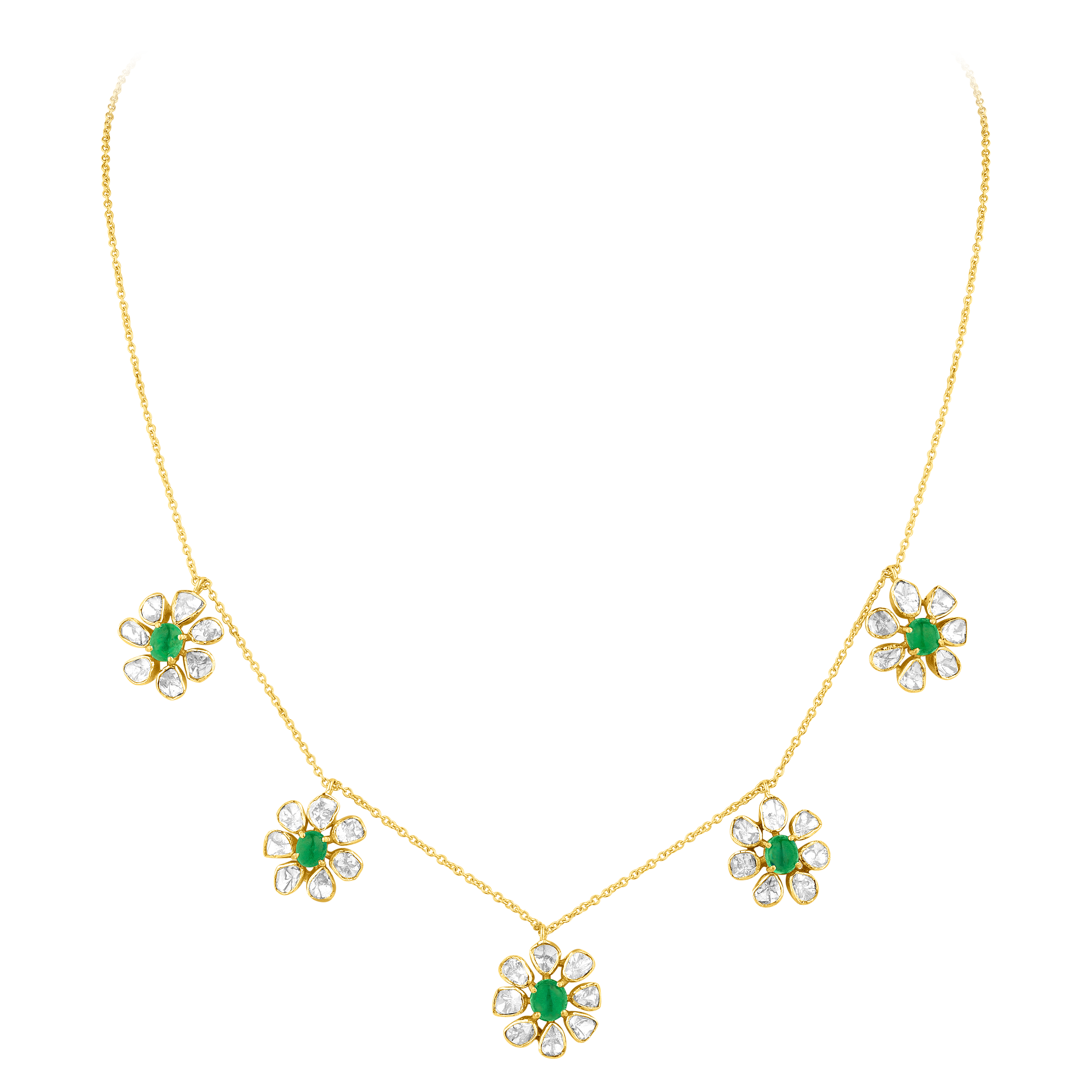 Emerald Flower Polki Chain With Emerald Cab Necklace