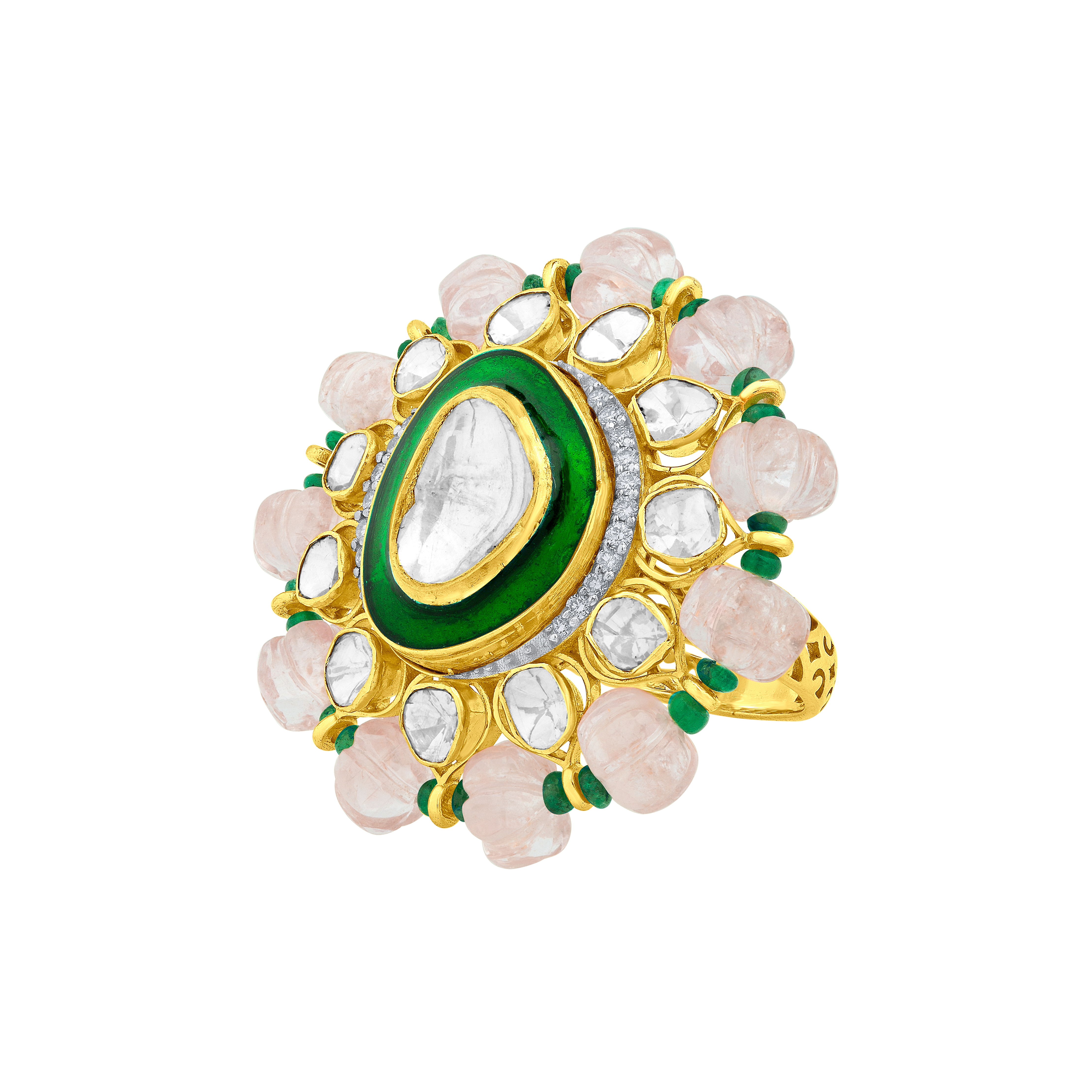 Emerald Meena Polki With Morganite Rings