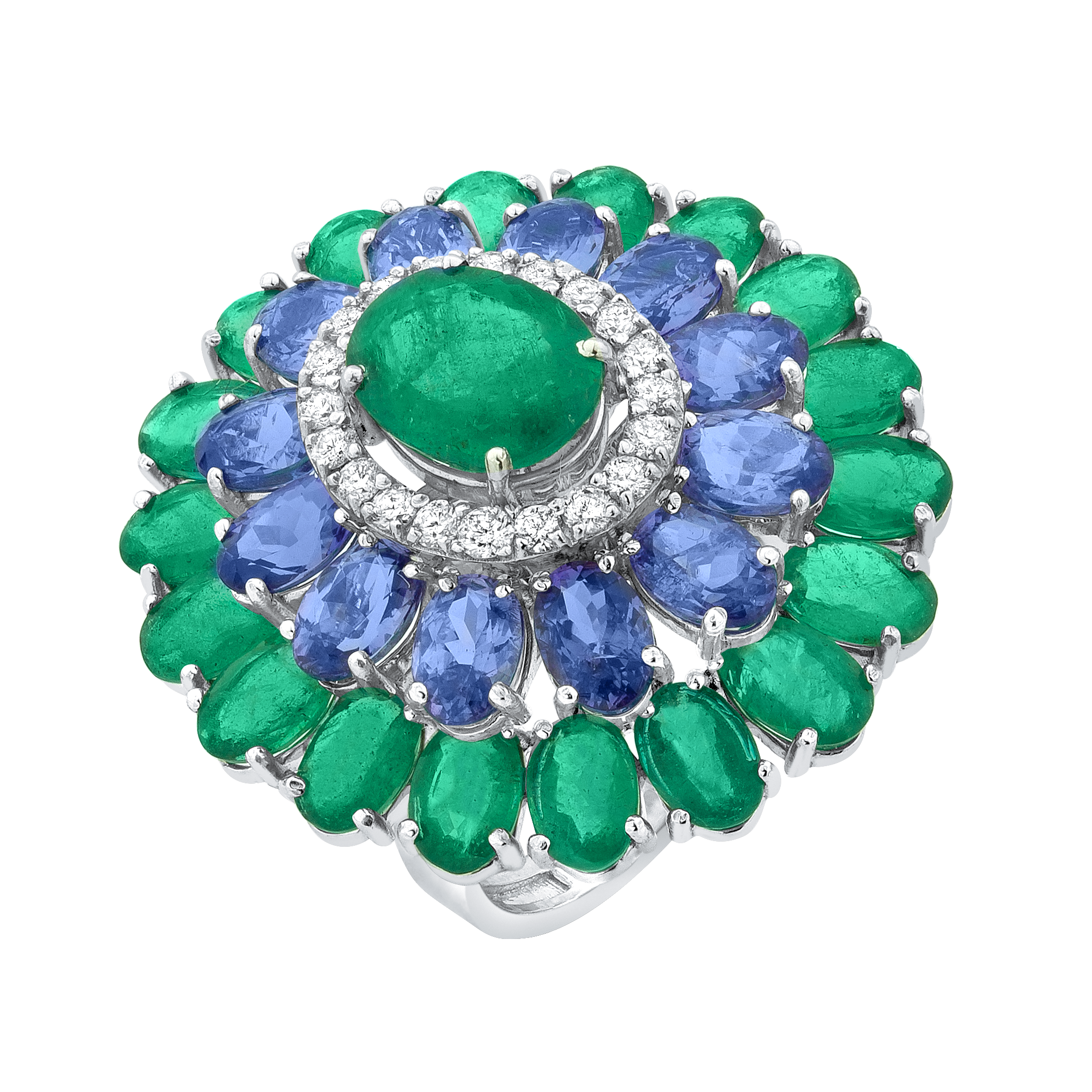 Emerald And Tanzanite Flower Sterling Rings